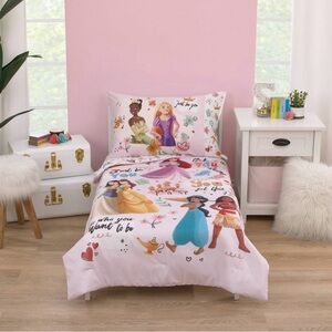 Disney Princesses Just Be You 4 Piece Toddler Bed Comforter and Sheet Set- Pink